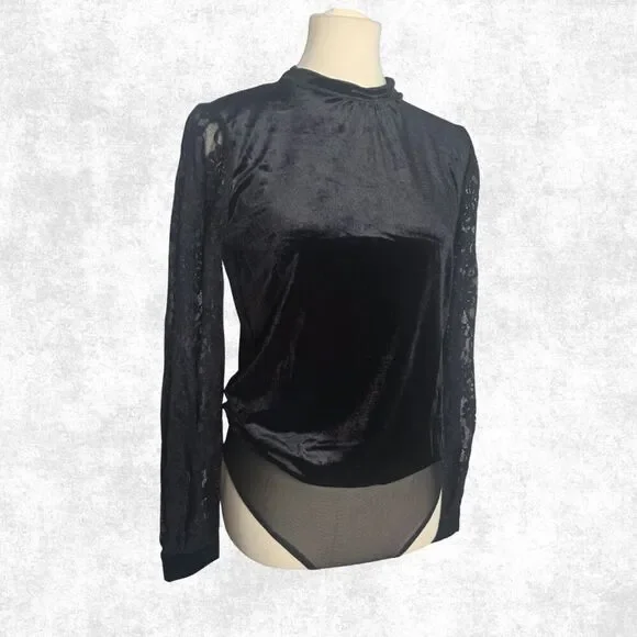 Jealous Tomato Black Velvet Lace Sleeve Bodysuit – Goth Glam Keyhole Back S - Picture 6 of 7